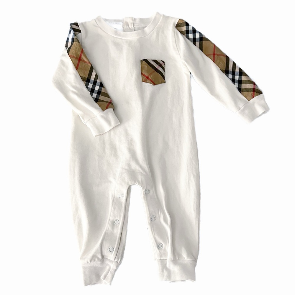Authentic New BURBERRY White Classic Check Plaid One Piece Size 9-12 Months